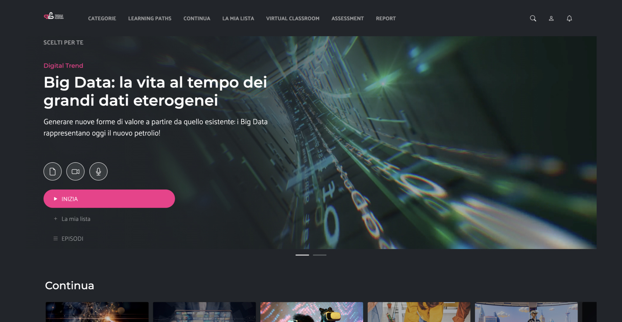 home page di Tentacle Learning Platform